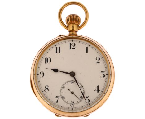 An early 20th century 18ct gold open-face keyless pocket watch, white enamel dial with hand painted Arabic numerals, blued st