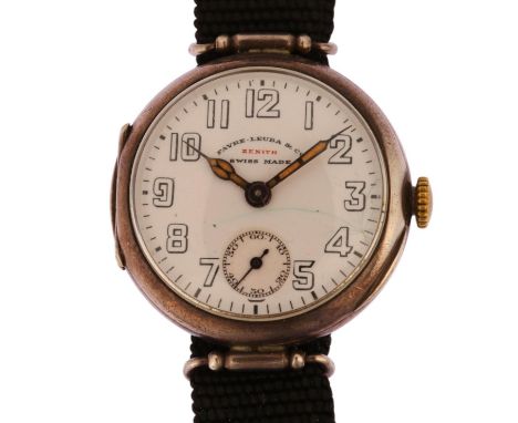 FAVRE-LEUBA & CO - a First World War Period Swiss silver Zenith Officer's style trench mechanical wristwatch, white enamel di