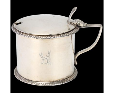 A late Victorian silver drum mustard pot, William Hutton & Sons Ltd, London 1897, plain cylindrical form with gadrooned rim, 