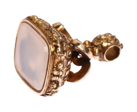 A large 19th century chalcedony seal fob, the plain rectangular flat-top chalcedony set within unmarked yellow metal foliate 