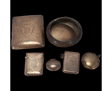 Various silver, including curved cigarette case, Vesta case, tobacco box (A/F), etc, 8.7oz totalLot sold as seen unless speci