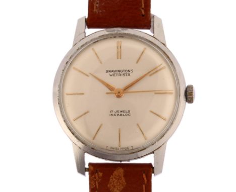BRAVINGTONS - a stainless steel Wetrista mechanical wristwatch, silvered dial with applied gilt baton hour markers and sweep 