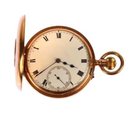 An early 20th century 9ct rose gold half hunter keyless side-wind pocket watch, white enamel dial with Roman numeral hour mar