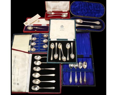 7 cased sets of silver cutlery, including Rattail pattern fork and spoon eating set, 11oz grossLot sold as seen unless specif