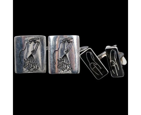 JENS TAGE HANSEN - 2 pairs of Danish sterling silver black enamel Eskimo cufflinks, largest panel 24.3mm, 25.4g total (2 pair