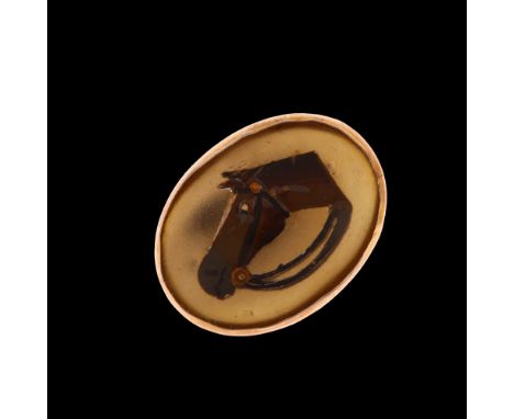A modern Essex Crystal style horse head ring, unmarked silver-gilt settings with reverse painted panel, setting height 15.4mm
