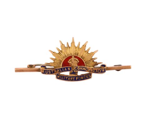 A 9ct gold Australian Commonwealth Military Forces bar brooch, 48.6mm, 3.6gA few small blue enamel losses, brooch hook fittin