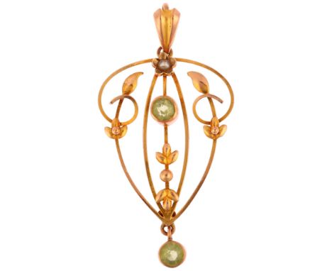 An Edwardian 9ct gold peridot and pearl openwork pendant, 45.6mm, 2gNo damage or repair, all stones present, stamped 9ct 