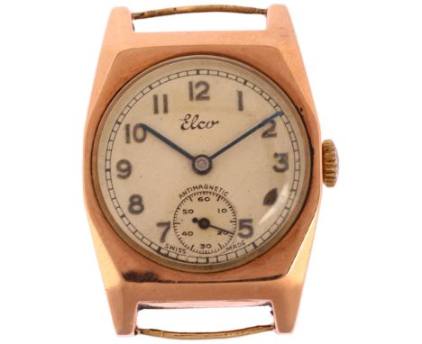 ELCO - a mid-20th century 9ct rose gold mechanical wristwatch head, circa 1940s, silvered dial with Arabic numerals, blued st