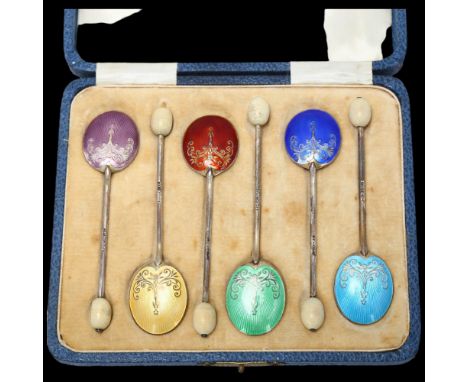 A set of 6 Art Deco George V silver and harlequin enamel bean end coffee spoons, Turner & Simpson Ltd, Birmingham 1933, 10cm,