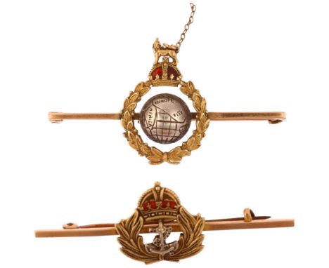 2 x 9ct gold enamel military bar brooches, comprising Royal Marines and Royal Navy, largest 50.6mm, 8g total (2)No damage or 