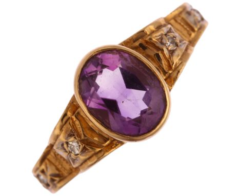 A late 20th century 9ct gold amethyst and diamond dress ring, bezel set with oval mixed-cut amethyst and single-cut diamond s