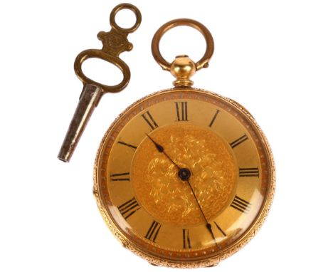 A Swiss 18ct gold open-face key-wind slimline fob watch, floral engraved gilt dial with Roman numeral hour markers, blued ste