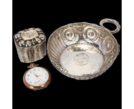 Various silver, including Queen Anne coin inset wine taster, D&J Wellby, London 1913, 9.5cm, Dutch silver marriage box, and a