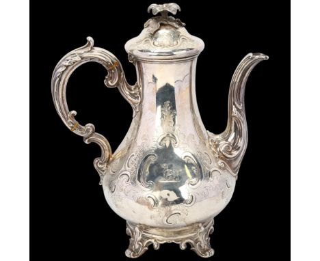 A Victorian silver coffee pot, Edward & John Barnard, London 1856, baluster form, with cast floral knop, chased foliate decor