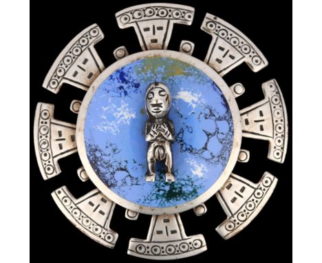 A large Mexican sterling silver and enamel Mayan design pendant/brooch, maker's marks CHC, pendant diameter 16.8mm, 35.1gNo d