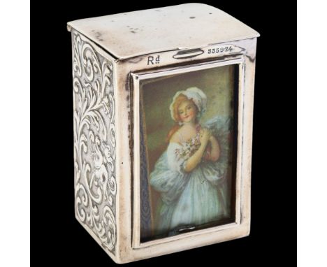 A late Victorian novelty silver playing card case, Samuel Jacob, London 1900, the front panel with rectangular bevelled glass