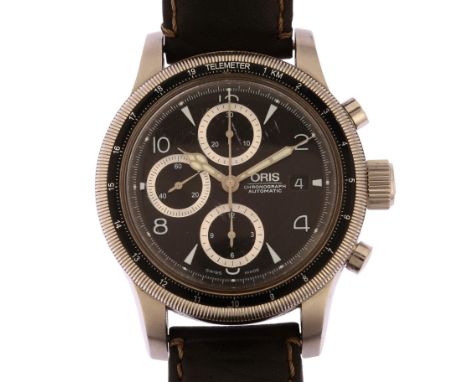 ORIS - a stainless steel Big Crown Telemeter automatic chronograph wristwatch, ref. 7569, engine turned black dial with 3 sub