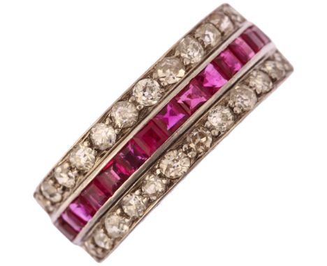 An Art Deco 18ct white gold ruby and diamond triple-row half eternity ring, circa 1925, channel and pave set with calibre-cut