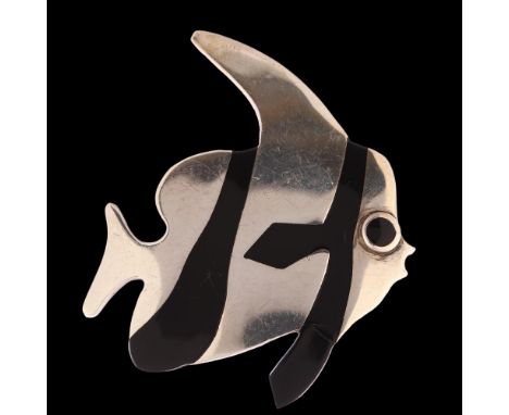 ANNE HARVEY - a large Mexican sterling silver and black enamel rainbow fish brooch, signed, height 58.5mm, 18.8gEnamel is cra