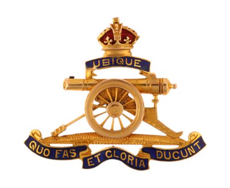 A 15ct gold enamel Royal Artillery military brooch, with moving wheel, 35mm, 4.8gUbique enamel has 1 small loss otherwise no 