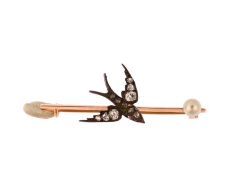 A Victorian pearl and diamond figural swallow bird bar brooch, unmarked gold and silver settings with central 3-dimensionally