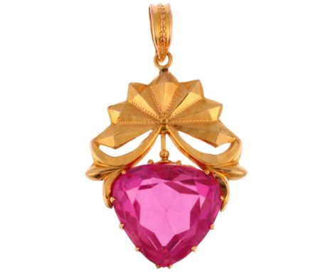 An Eastern synthetic ruby drop pendant, unmarked 18ct gold pierced settings, claw set with pear-cut synthetic ruby, 36.4mm, 4