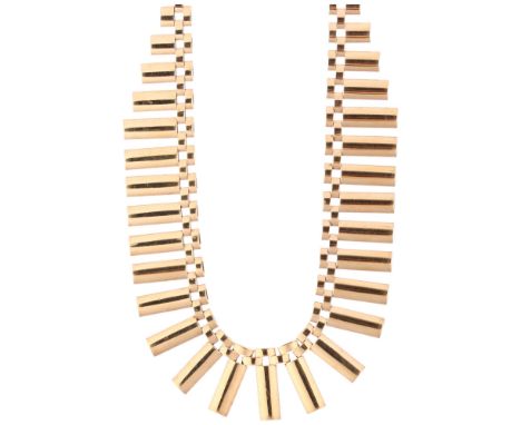 A mid-20th century 9ct gold tube link fringe necklace, maker NK, London 1964, 41cm, 20gNo damage or repair, only light surfac
