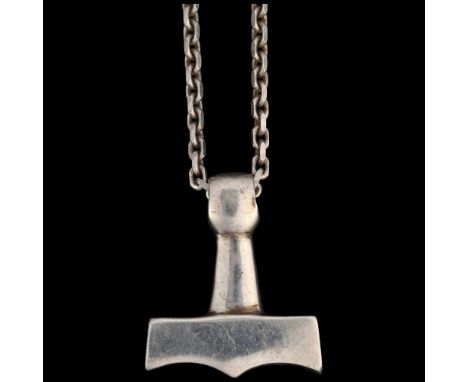 A Danish sterling silver Thor's hammer pendant necklace, on sterling cable link chain, pendant 27.1mm, chain 48cm, 21.3gNo da