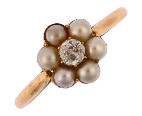 A mid-20th century pearl and diamond flowerhead cluster ring, unmarked gold settings with central 0.15ct old European-cut dia