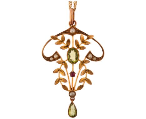 An Edwardian Art Nouveau 9ct gold peridot ruby and pearl openwork pendant necklace, on later 18ct twisted herringbone link ch