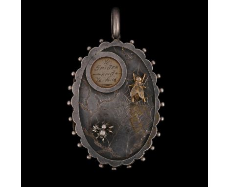 A Victorian silver 'Ye spider and ye flie' nursery rhyme photo locket pendant, maker H&M, circa 1880, centrally applied with 