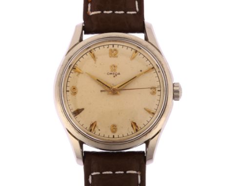 OMEGA - a stainless steel mechanical wristwatch, ref. 2640-5SC, circa 1952, silvered dial with applied gilt quarterly Arabic 