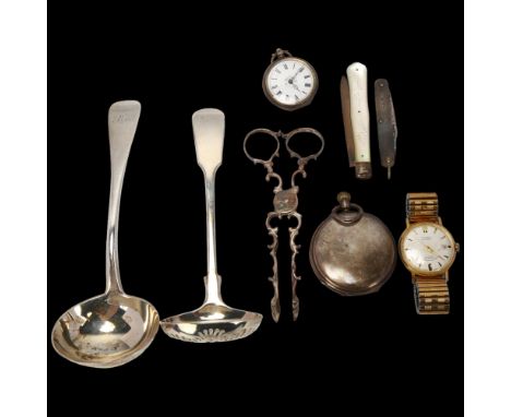 Various silver, including pair of scissor sugar nips, Victorian sauce ladle etcLot sold as seen unless specific item(s) reque