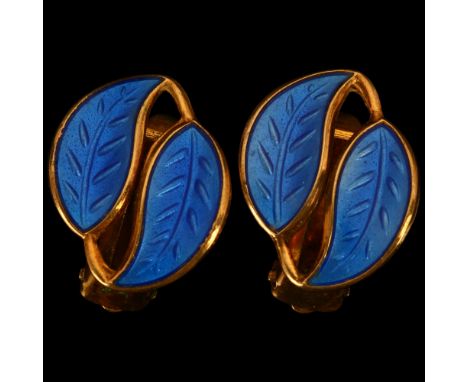 DAVID ANDERSEN - a pair of mid-20th century Norwegian silver-gilt blue enamel leaf clip-on earrings, 16.8mm, 3.3gNo damage or