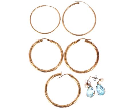 Various earrings, comprising 9ct hoops, 4.5g, and pair of blue topaz and pearl drop earrings, 23mm, 3.4gLot sold as seen unle