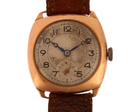 An Art Deco 9ct rose gold cushion mechanical wristwatch, silvered dial with painted Arabic numerals, blued steel Breguet hand