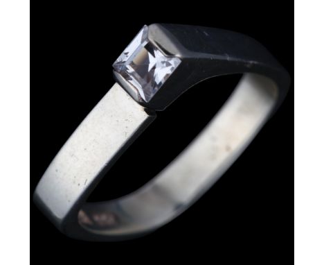 BEICHER HEILESEN - a Danish modernist sterling silver cubic zirconia geometric ring, asymmetrical form with square shank, ban