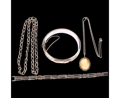 Various silver jewellery, including floral hinged bangle, chain necklace, bracelet etc, 71.9g total (4)No damage or repair, n