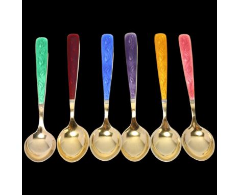 VOLMER BAHNER - a set of 6 Danish vermeil and sterling silver harlequin enamel coffee spoons, 9.5cmNo damage or repair, no en
