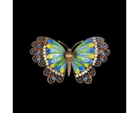 A large Continental silver-gilt plique-a-jour enamel figural butterfly brooch, maker GE, wingspan 71.4mm, 14.6gA few minor su