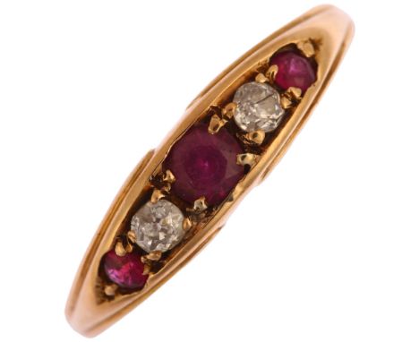 An early 20th century 18ct gold graduated five stone ruby and diamond half hoop ring, indistinct maker Chester 1901, setting 