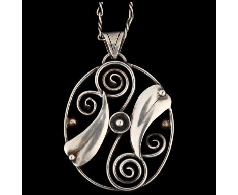 HUGO GRUN - an Art Deco Danish stylised silver openwork floral pendant necklace, on silver infinity link chain, pendant 61.1m