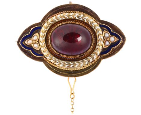 A Victorian Etruscan Revival garnet and enamel mourning brooch, circa 1860, the central foil-backed oval cabochon garnet with