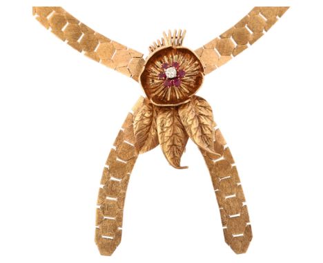 A mid-20th century 9ct gold ruby and diamond floral convertible tassel necklace/brooch, maker SS, London 1964, the detachable