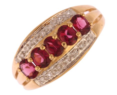 A modern 9ct gold pink tourmaline and diamond band ring, setting height 9.8mm, size M, 2.2gNo damage or repair, all stones pr