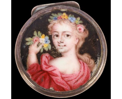 An 18th century Dutch silver and enamel maiden pillbox, Bartholomeus Klein, Rotterdam 1789, plain cylindrical form, with hand