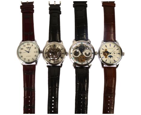 4 modern stainless steel automatic wristwatches, comprising Stuhrling Original Dual Time, Globenfeld Limited Edition, Winner 