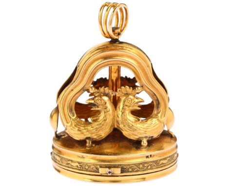 A Regency French gold clockwork musical fob, the pin drum movement having an 8-tooth comb with start/stop latch to side of de