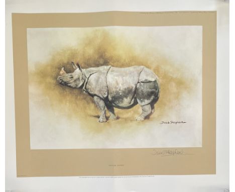 David Shepherd signed 16x14 overall Indian Rhino limited edition print one of only 850 copies. Good condition. All autographs